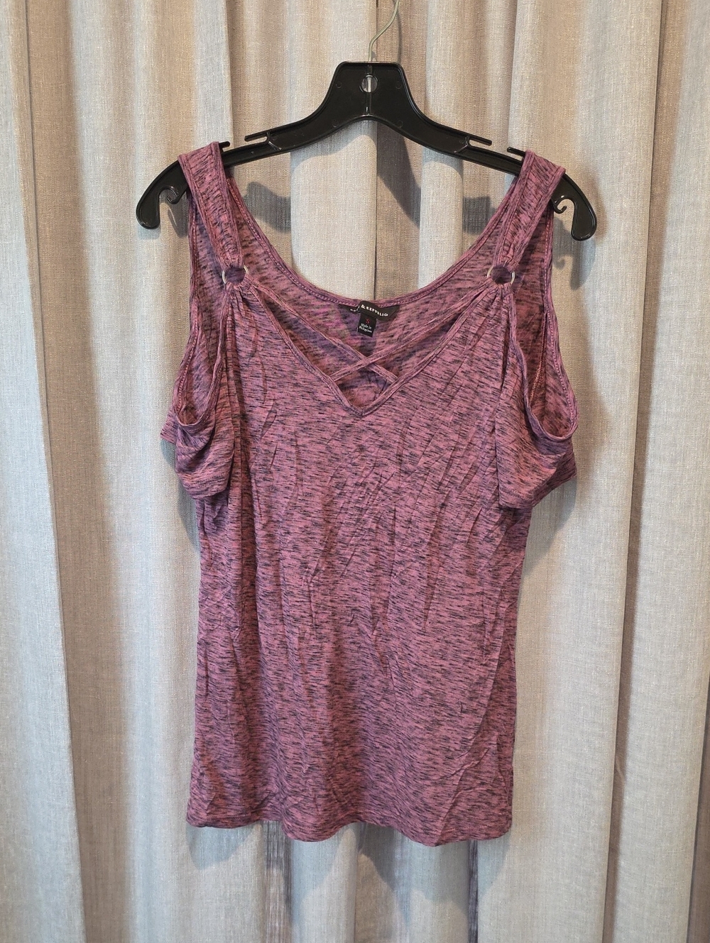Rock & Republic Purple Heathered Criss Cross Ring Detail Cold-Shoulder Tank